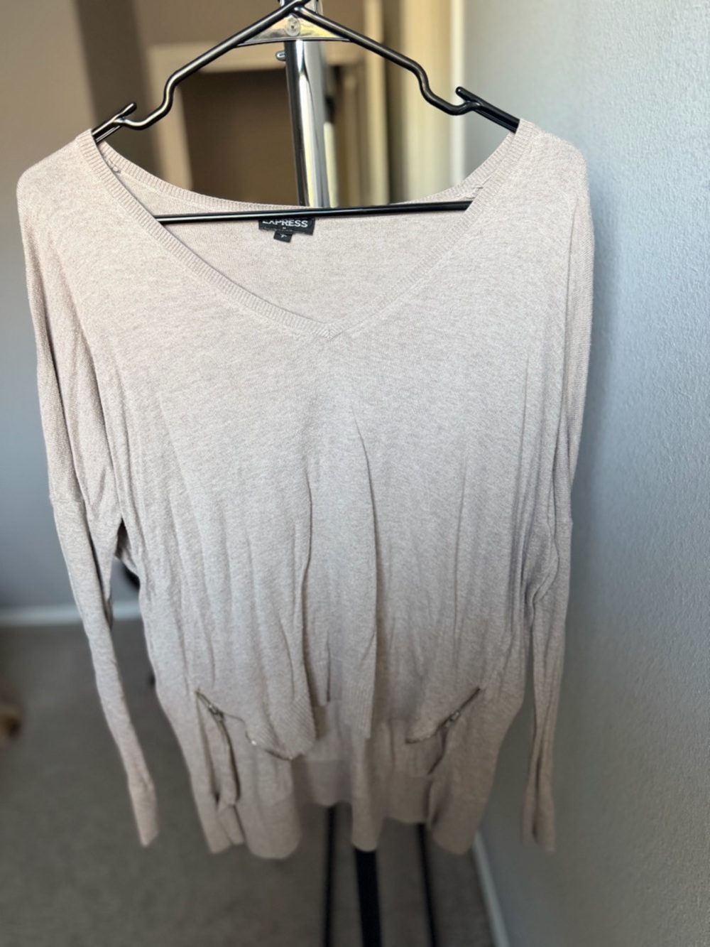 Express Long Sleeve V-Neck Sweater in Light Taupe